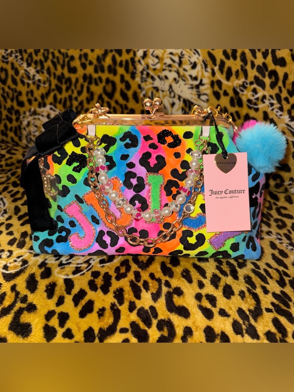 🌈NWT Custom Juicy Couture Neon Leopard Print Lisa Frank Kiss Lock Clutch Bag🌈 - Picture 3 of 10